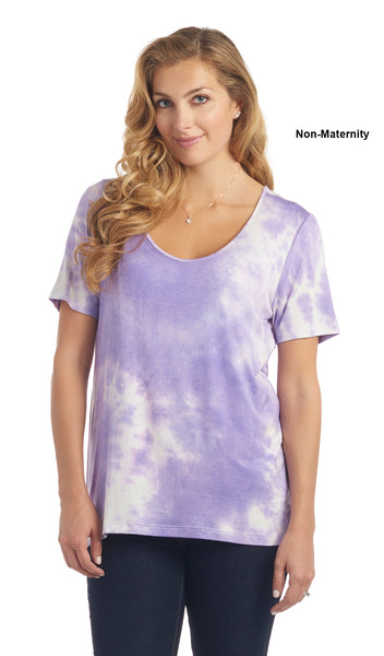 Lavender Tie Dye Erika tee worn by woman as non-maternity style.