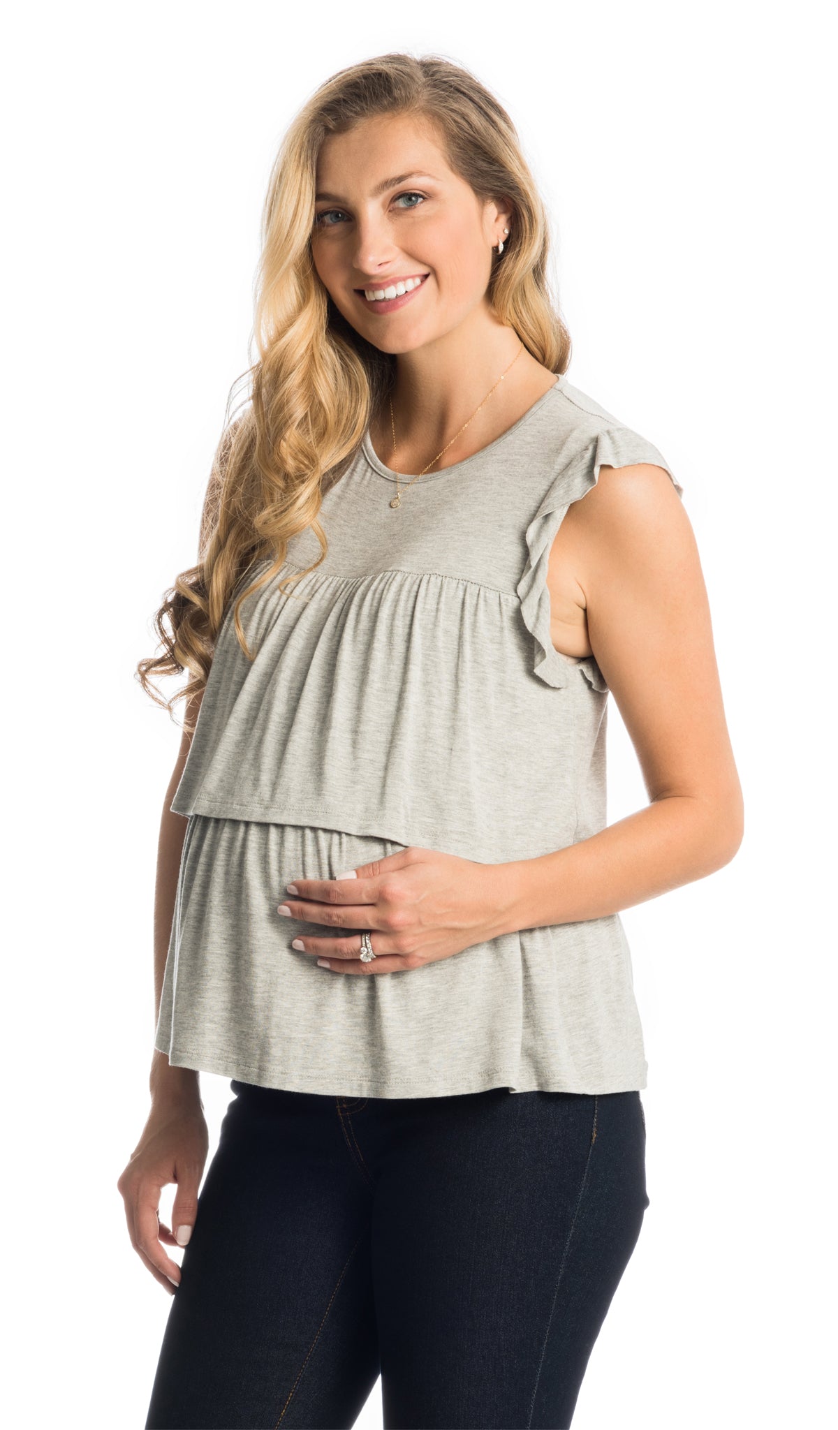 Heather Grey Valentina top worn in cropped shot by pregnant woman with dark denim with one hand on her belly.