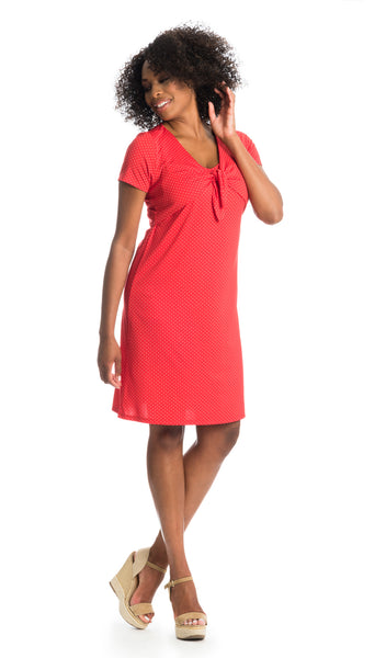 Red Dot Jada dress worn by woman as non-maternity style.