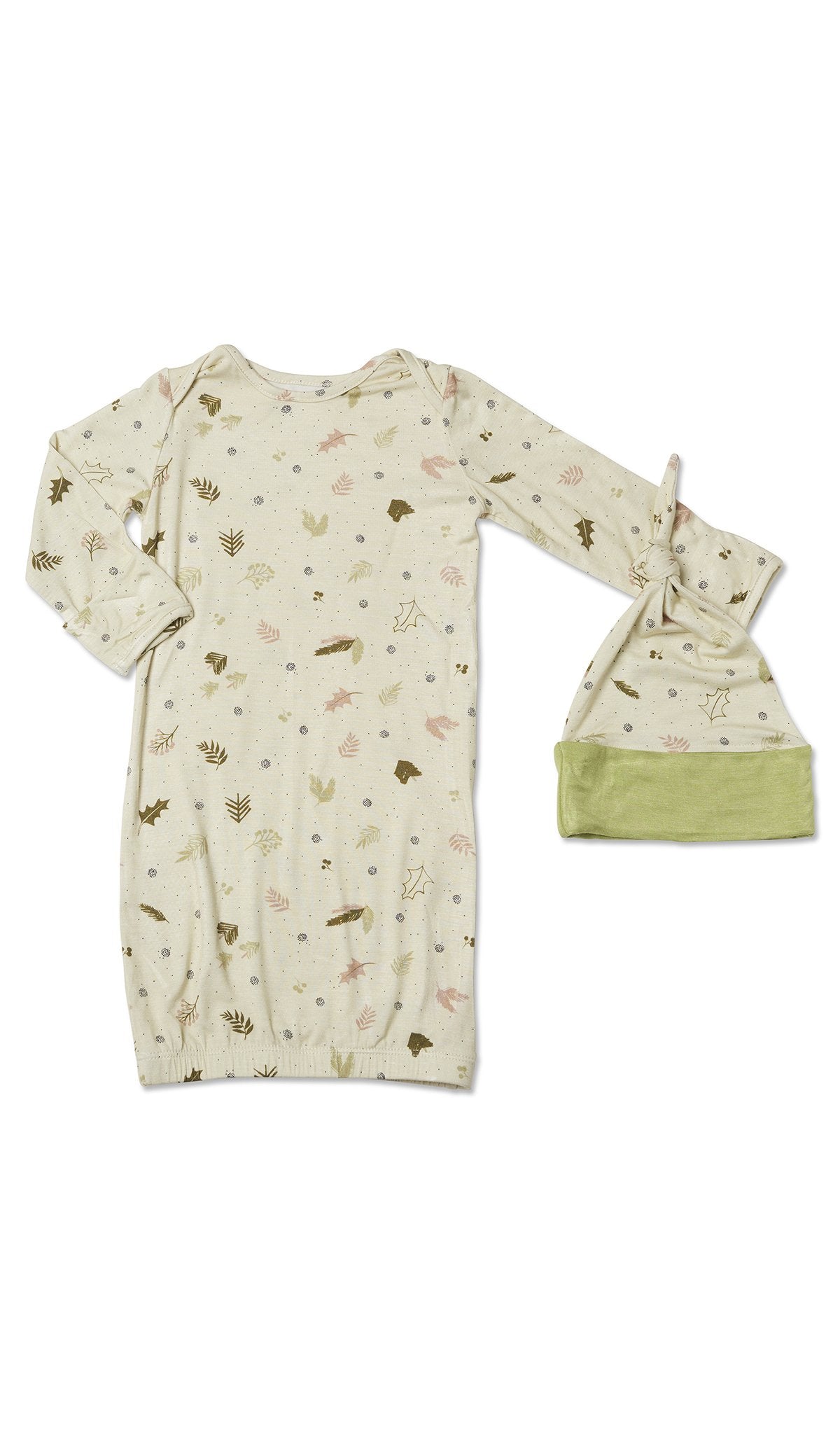 Nature Gown 2-Piece with long sleeve baby gown and matching knotted hat.
