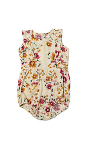 Vintage Floral Baby Ruffle Bubble with ruffle placket on sleeveless bodice and elasticated leg openings.