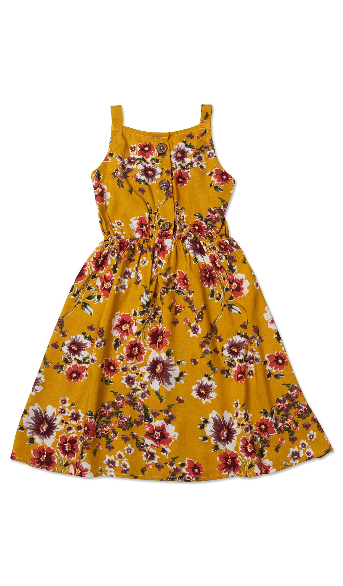 Rust Floral Catalina Kids Dress flat shot of dress showing shoulder straps and elasticated empire waist with all over floral print.