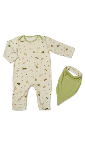 Nature Romper 2-Piece flat shot of long sleeve romper with matching reversible bib showing solid side.