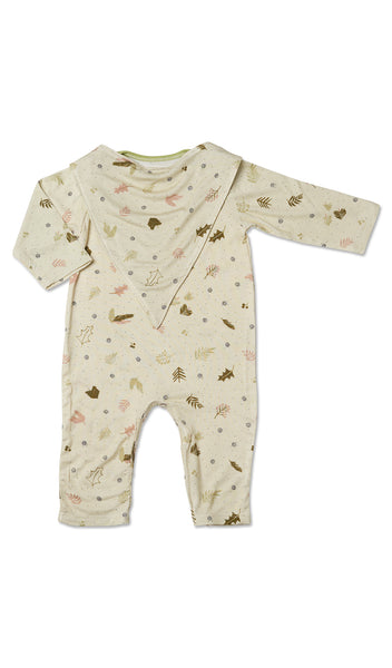 Nature Romper 2-Piece flat shot of long sleeve romper with matching reversible bib worn over garment, showing print side.