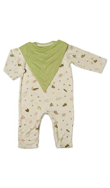 Nature Romper 2-Piece flat shot of long sleeve romper with matching reversible bib worn over garment, showing solid side.