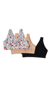 Zinnia Paisley 3-Pack flat shot of Zinnia bra, Nude bra, and Black bra.