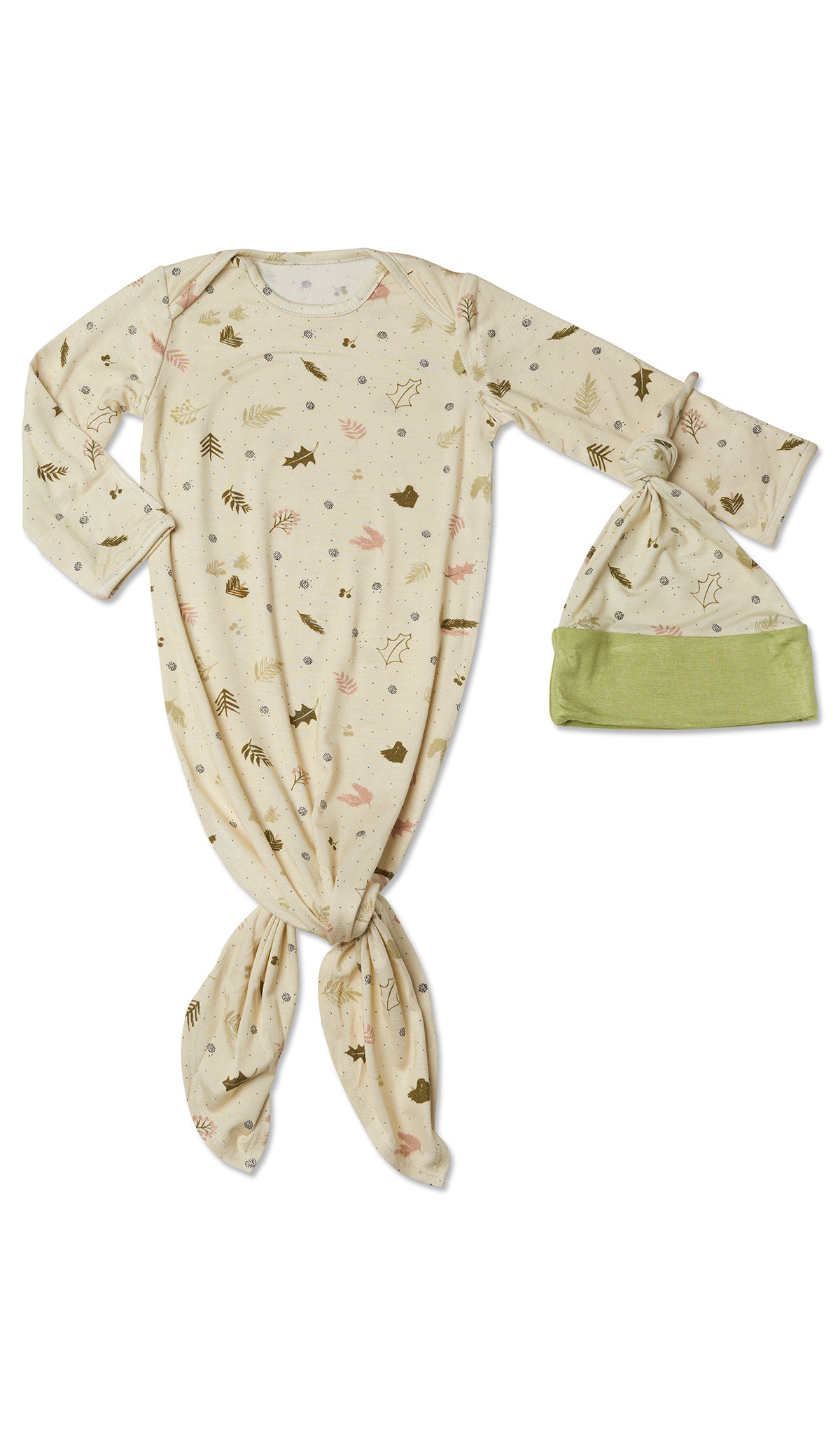 Nature Knotted Gown 2-Piece flat shot showing long sleeve baby gown with hem tied into a tie-knot bow and matching knotted hat.