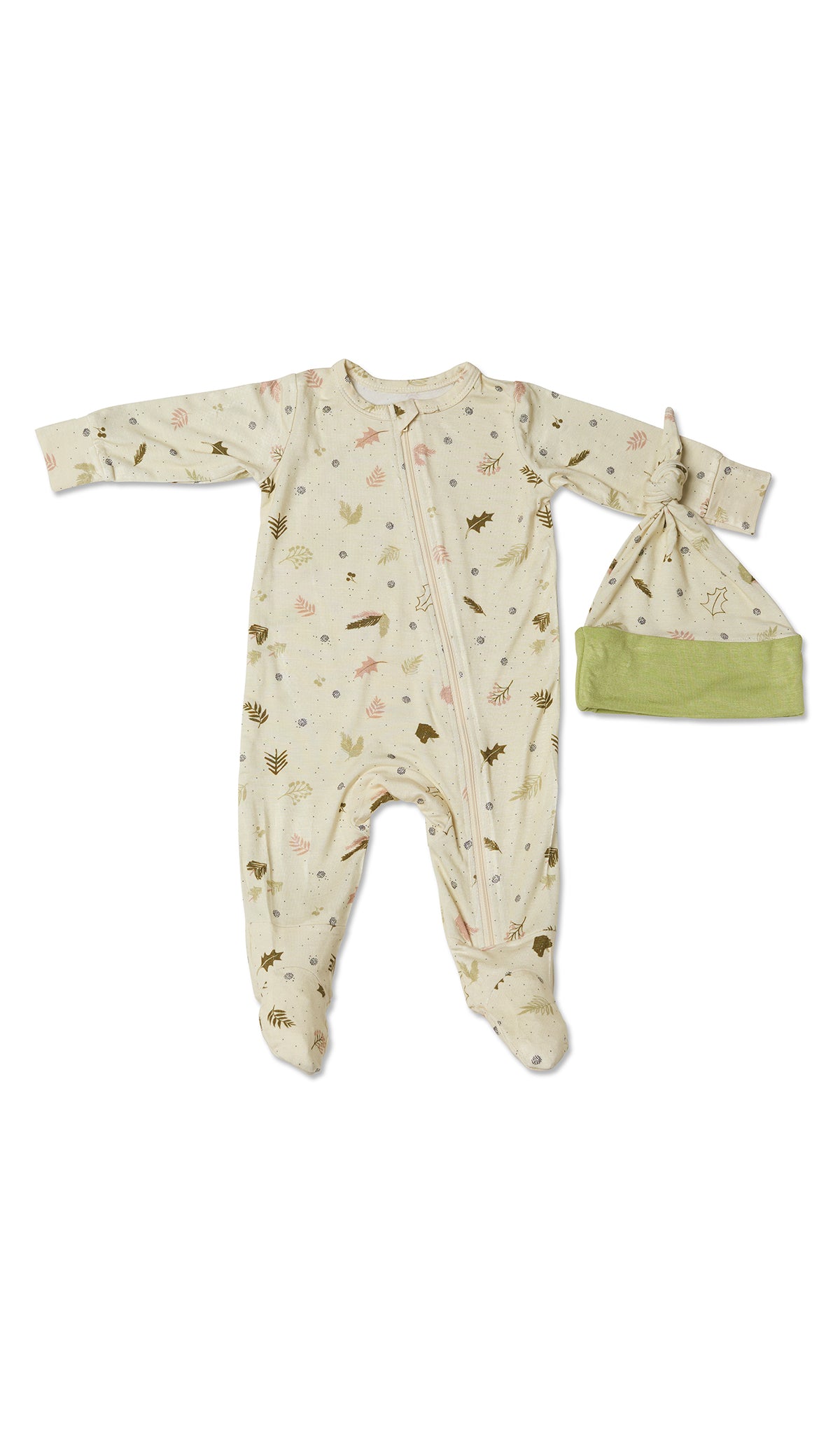 Nature Footie 2-Piece with long sleeves, zip front and matching knotted baby hat.
