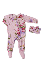 Dusty Rose Footie 2-Piece Set. Flat shot of zip front footie for baby with matching headwrap tied into a tie-knot bow.