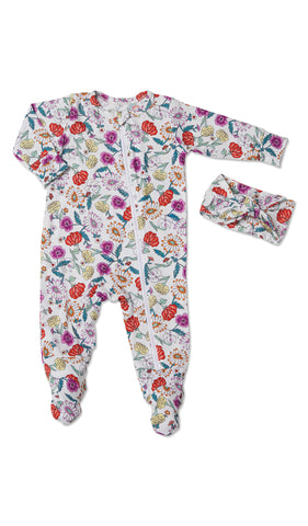 Zinnia Footie 2-Piece Set. Flat shot of zip front footie for baby with matching headwrap tied into a tie-knot bow.