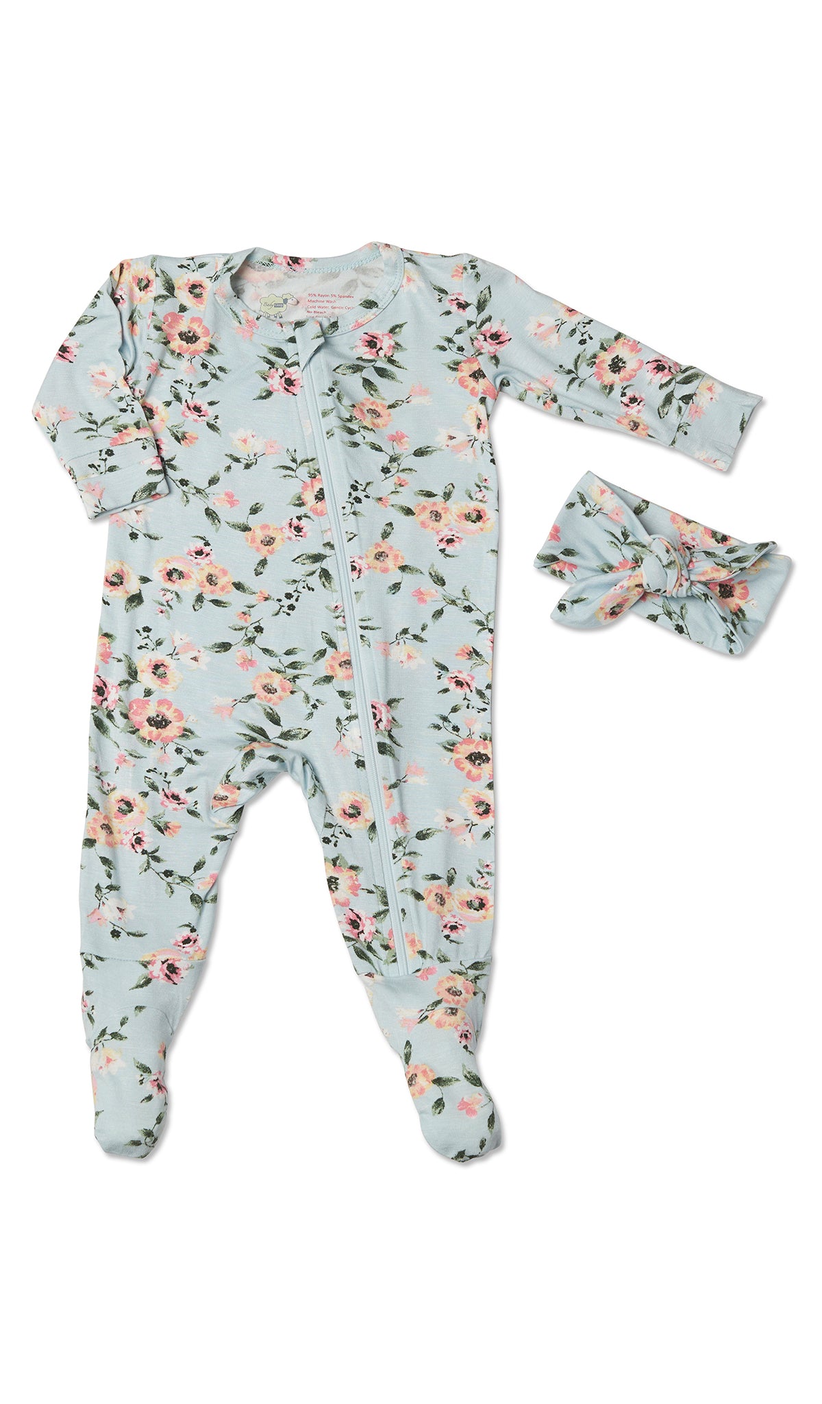 Cloud Blue Footie 2-Piece Set. Flat shot of zip front footie for baby with matching headwrap tied into a tie-knot bow.