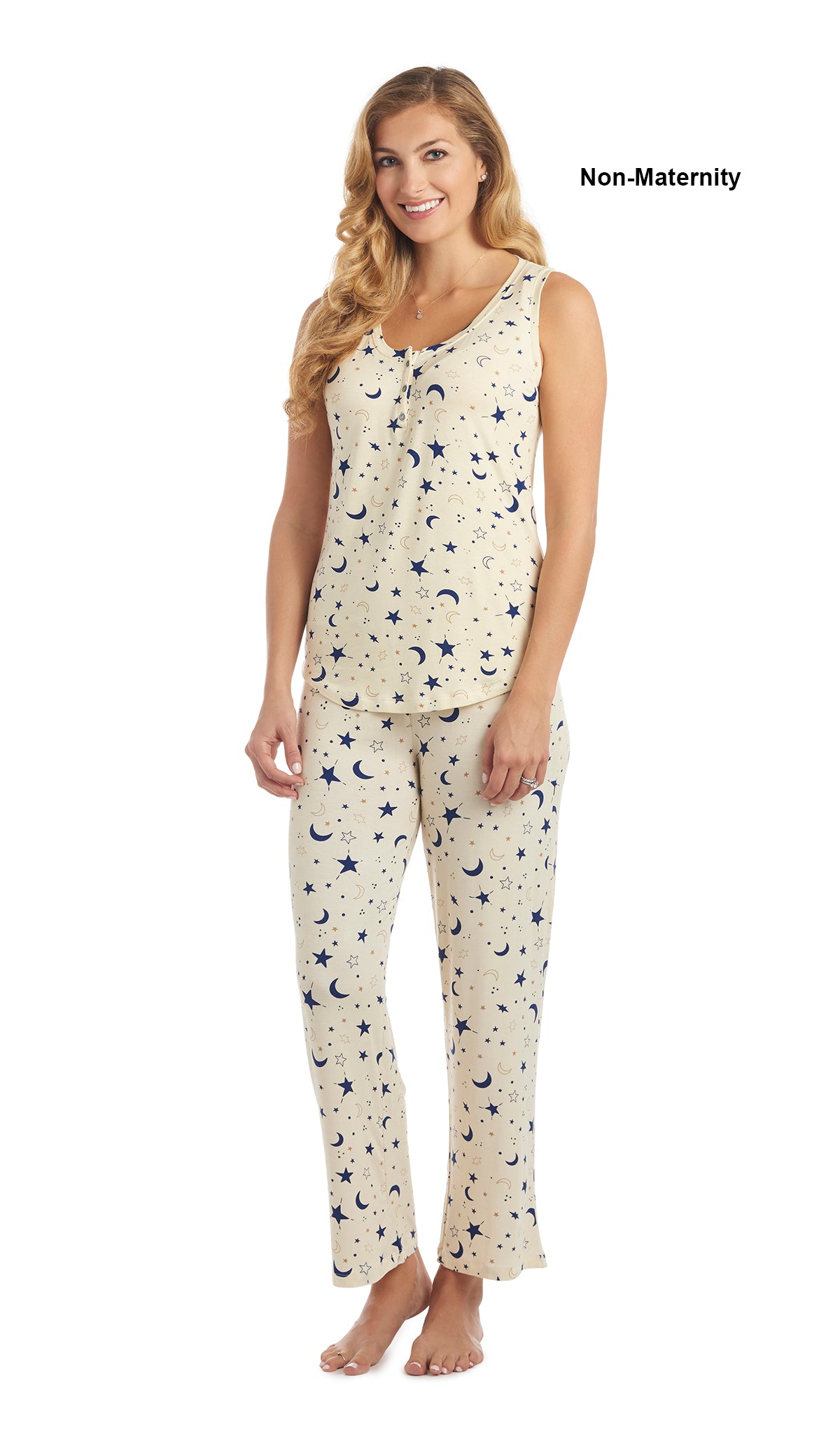 Twinkle Joy 2-Piece Set. Woman wearing button front placket tank top and pant as non-maternity.