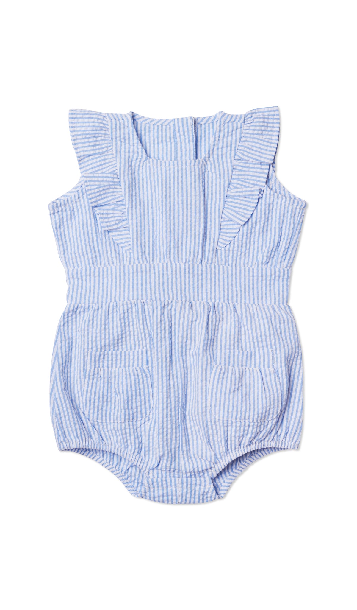 Royal Stripe Baby Ruffle Bubble with ruffle placket on sleeveless bodice and elasticated leg openings.