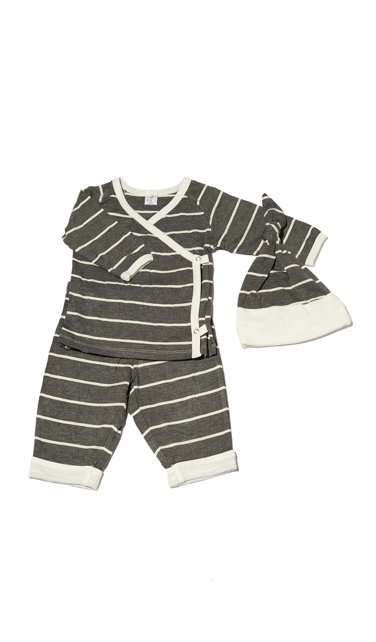 Charcoal Baby's Take-Me-Home 3 Piece set flat shot showing long sleeve kimono top and cuffed pant with matching knotted baby hat.
