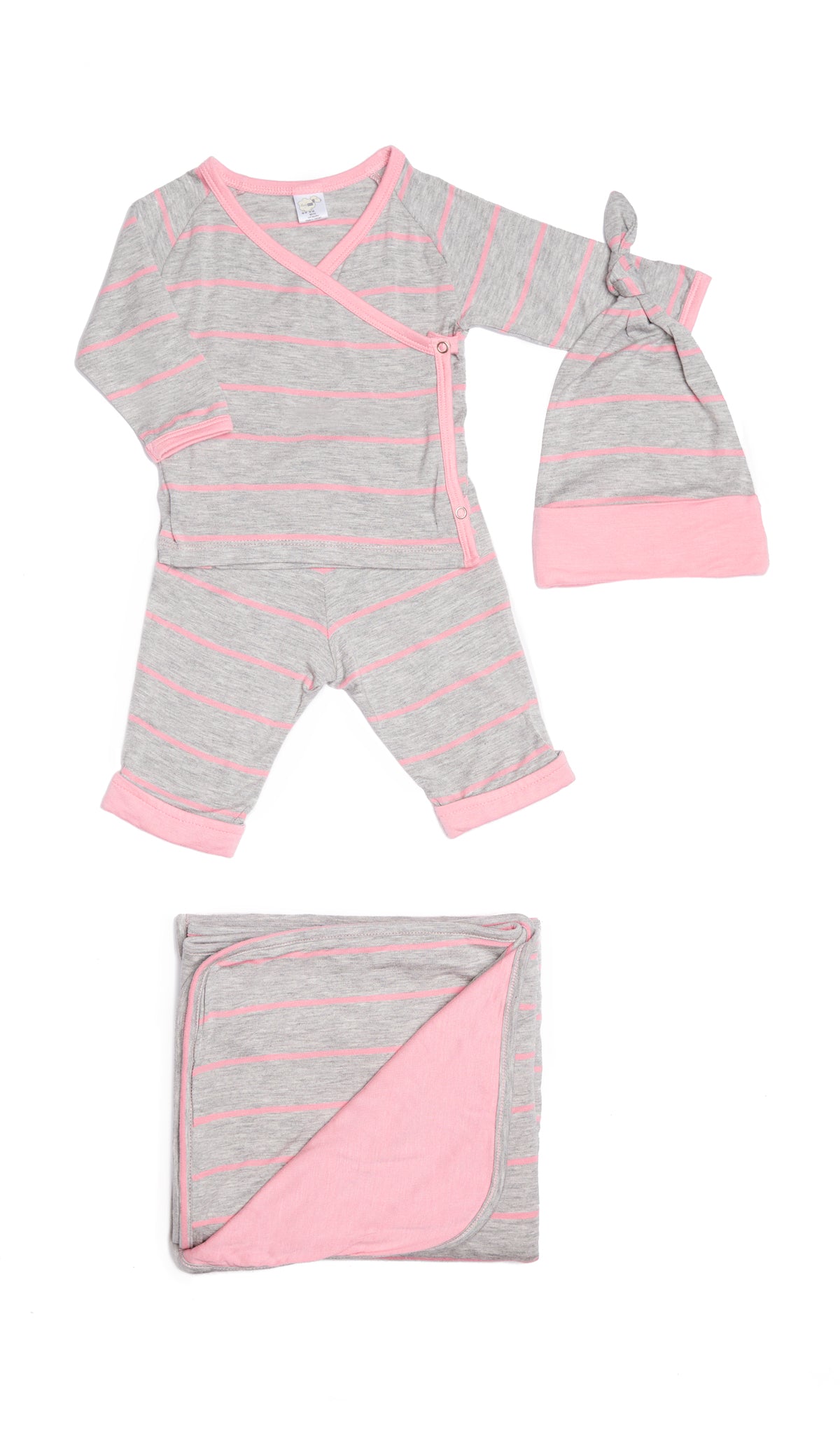 Rosebud Baby's Take-Me-Home 3 Piece set flat shot showing long sleeve kimono top and cuffed pant with matching knotted baby hat. Matching blanket folded into a square is sold separately.