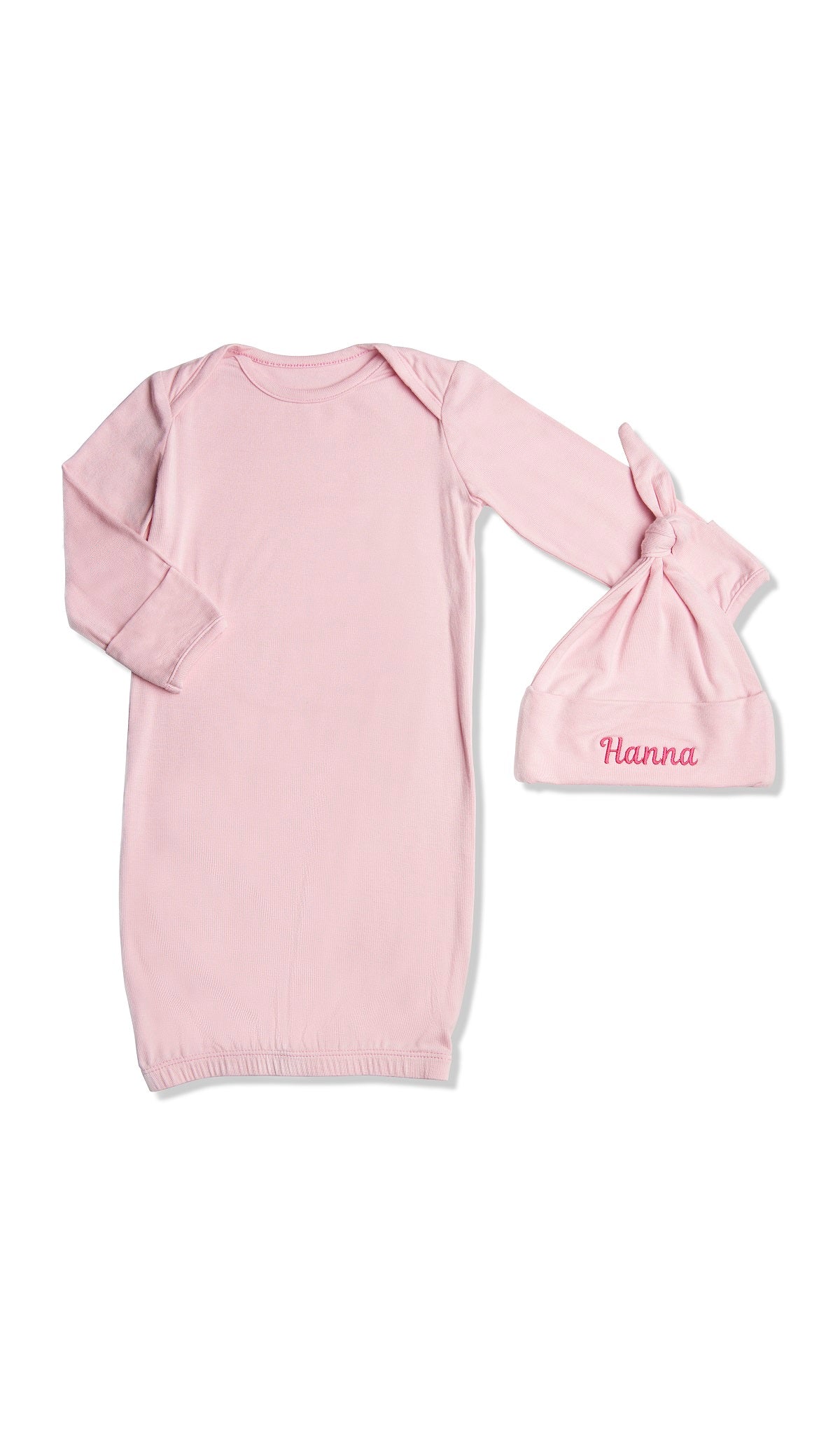Personalized Gown 2-Piece Blush with name embroidered on knotted baby hat.