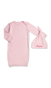 Personalized Gown 2-Piece Blush with name embroidered on knotted baby hat.