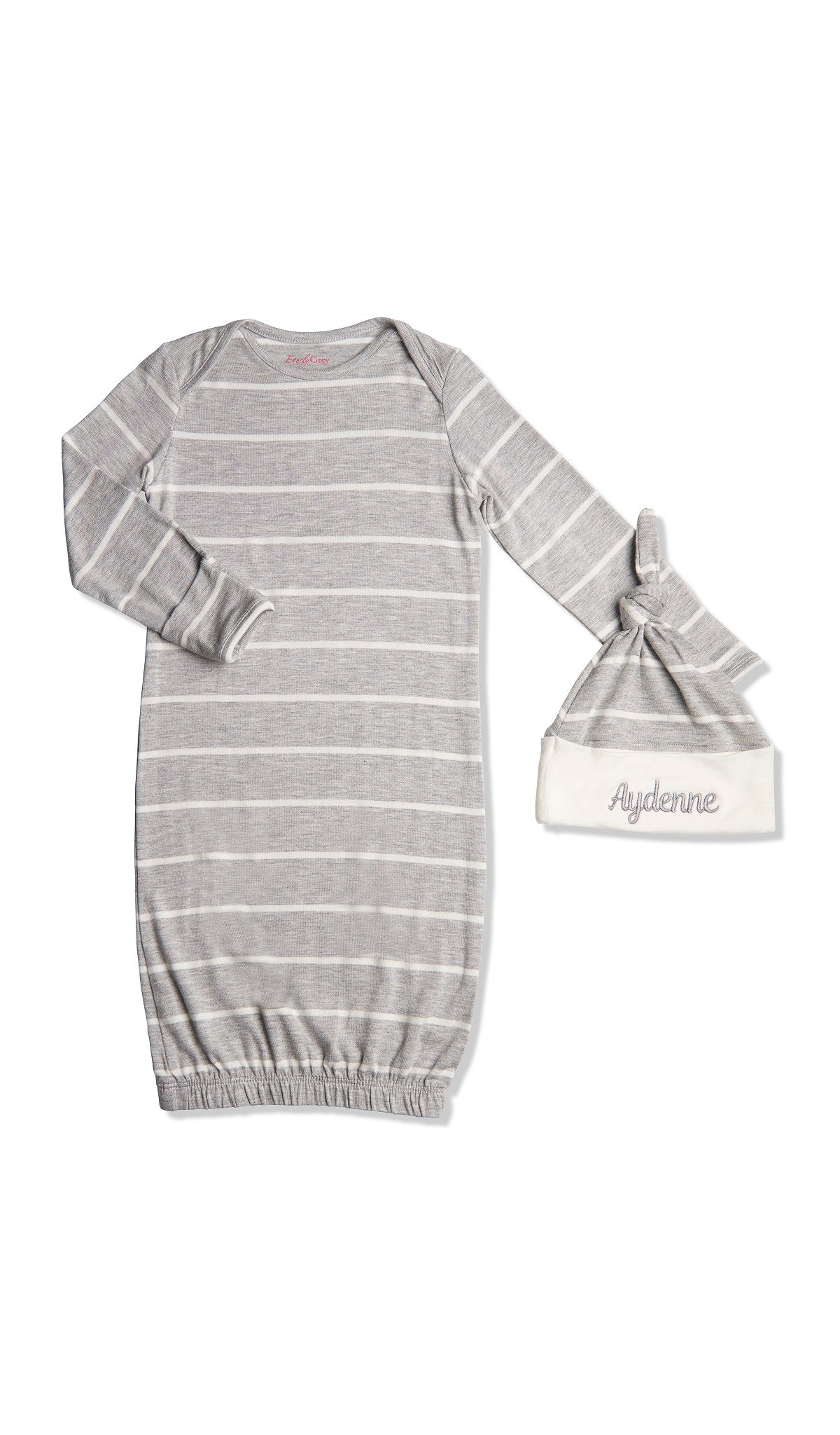 Personalized Gown 2-Piece Heather Grey with name embroidered on knotted baby hat.