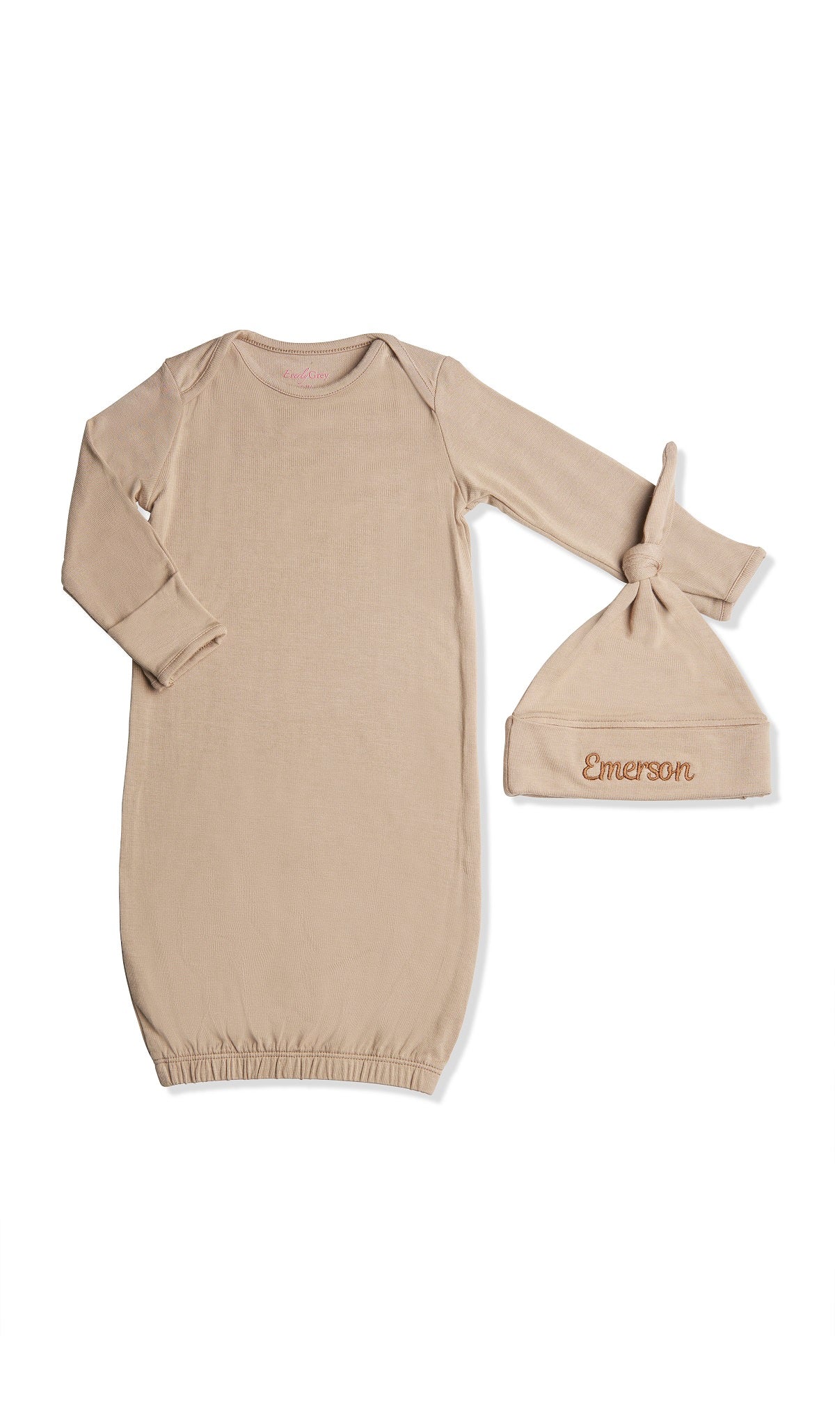 Personalized Gown 2-Piece Latte with name embroidered on knotted baby hat.