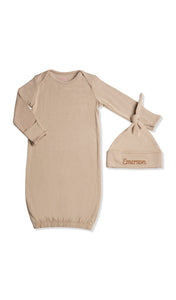Personalized Gown 2-Piece Latte with name embroidered on knotted baby hat.