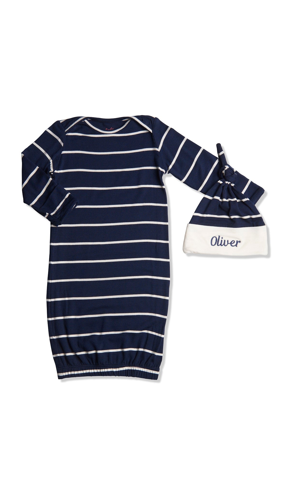 Personalized Gown 2-Piece Navy with name embroidered on knotted baby hat.