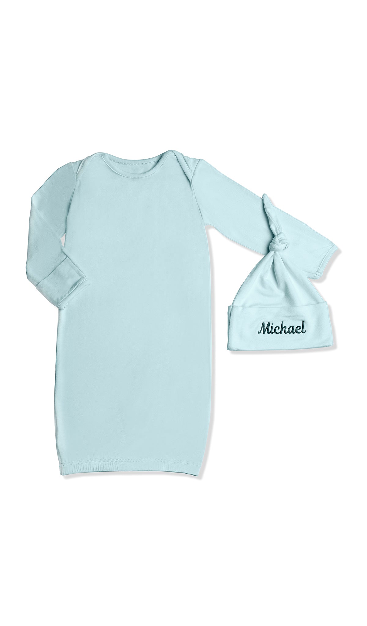 Baby gown with personalized, embroidered matching knotted hat.