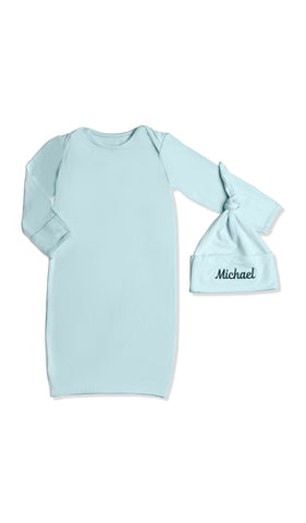 Personalized Gown 2-Piece Whispering Blue with name embroidered on knotted baby hat.