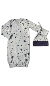 Twinkle Night Gown 2-Piece with long sleeve baby gown and matching knotted hat.