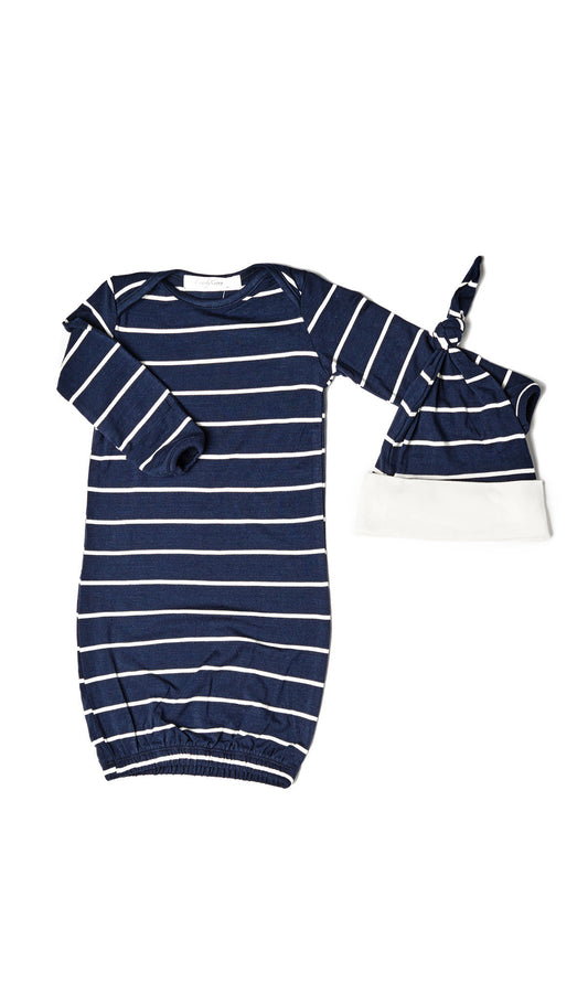 Navy Gown 2-Piece with long sleeve baby gown and matching knotted hat.