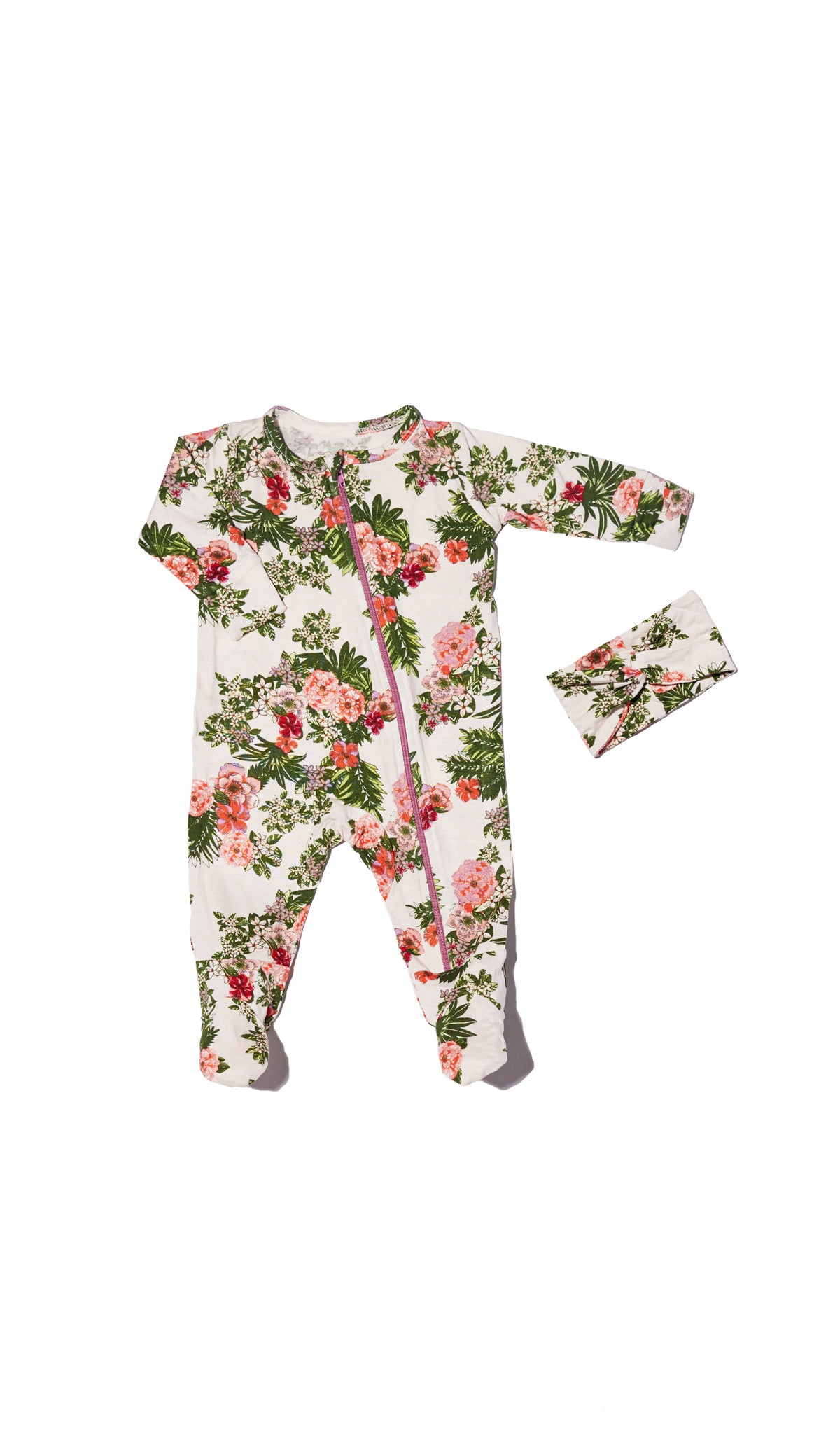 Beige Floral Zip Footie 2-Piece Set. Flat shot of zip front footie for baby with matching headwrap.