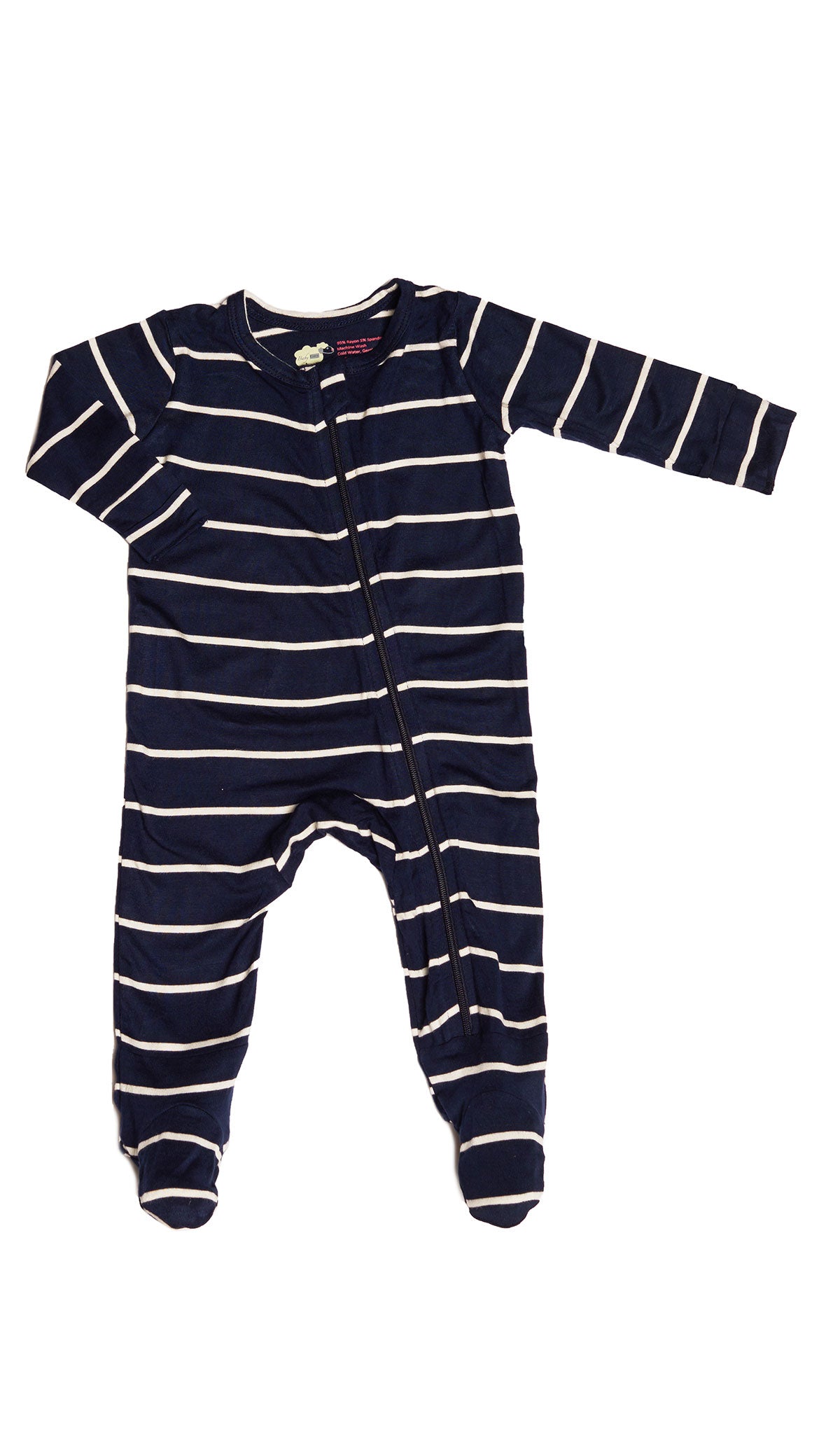 Navy Footie with long sleeves and zip front.