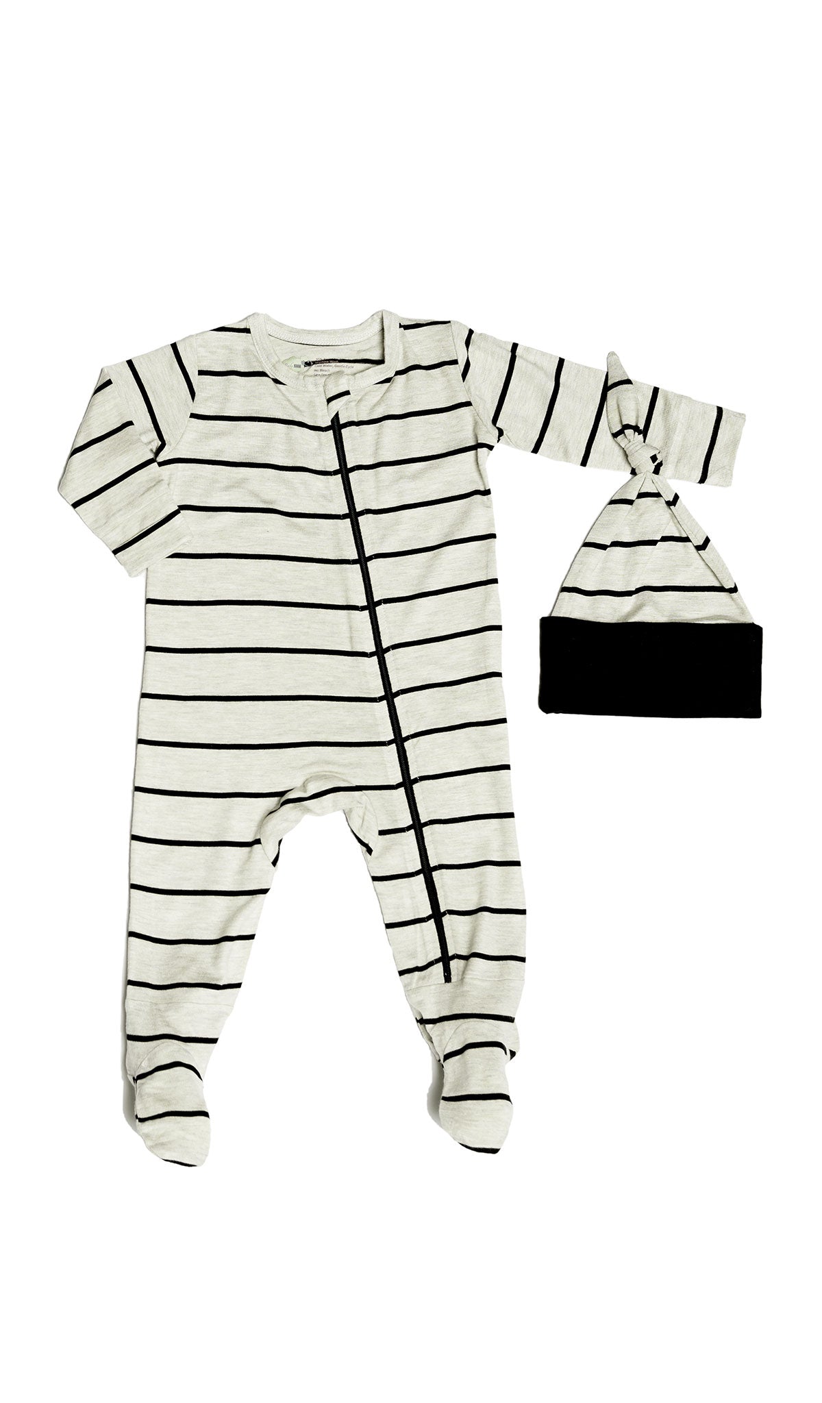 Sand Stripe Footie 2-Piece with long sleeves, zip front and matching knotted baby hat.