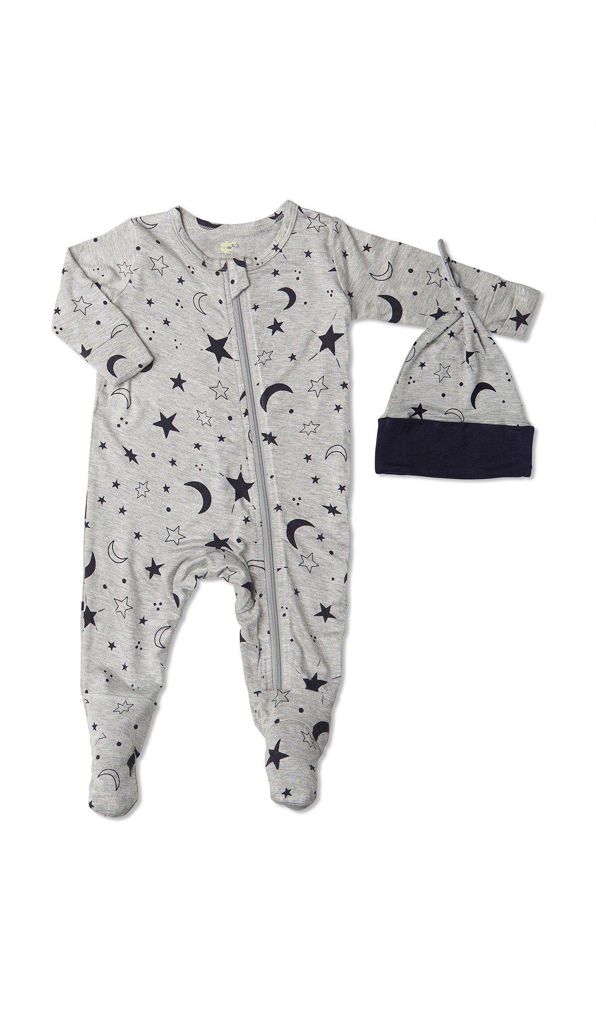 Twinkle Night Footie 2-Piece with long sleeves, zip front and matching knotted baby hat.