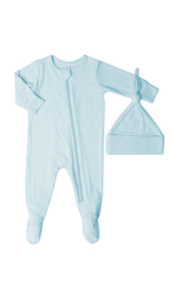 Whispering Blue Footie 2-Piece with long sleeves, zip front and matching knotted baby hat.
