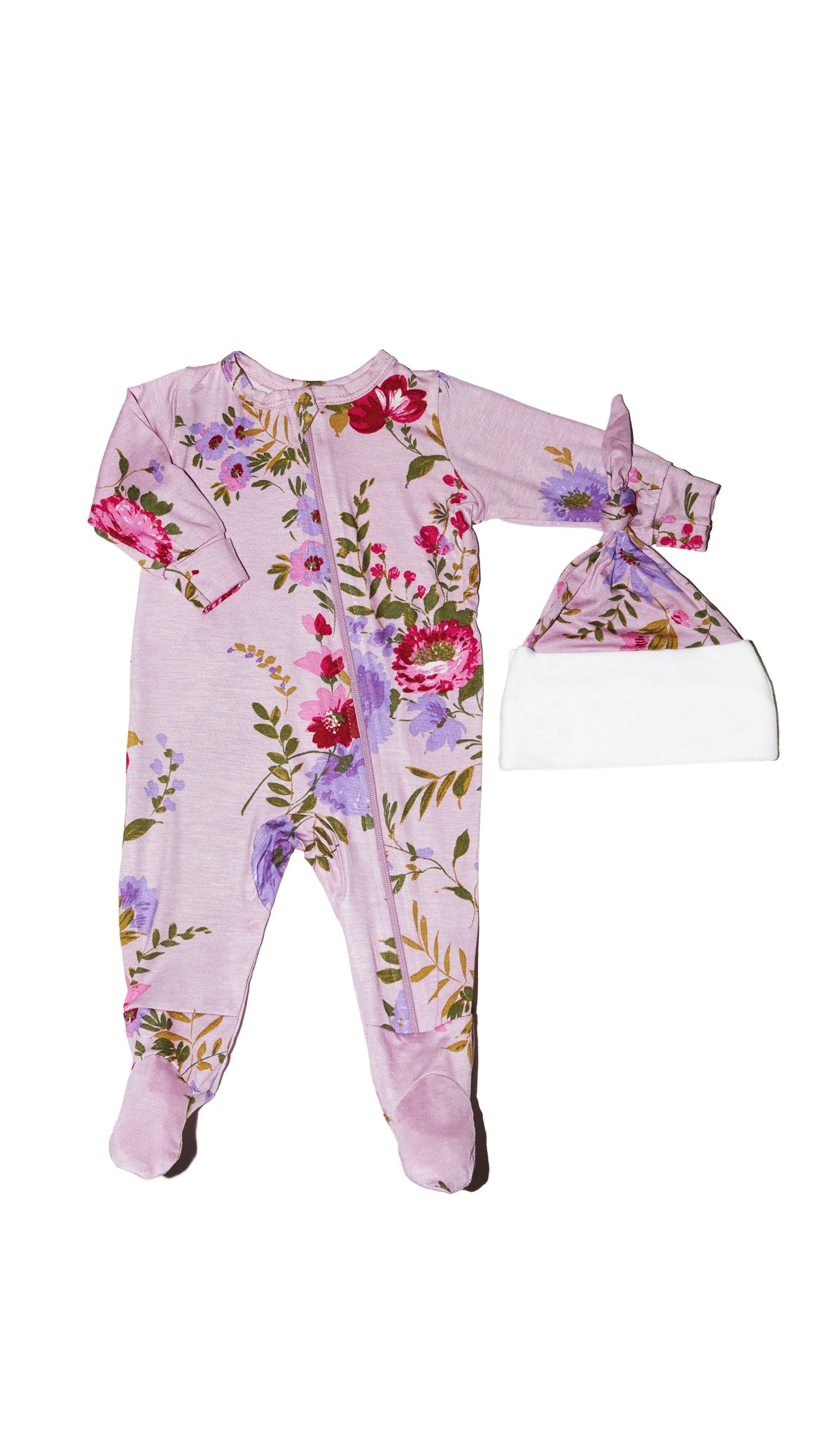 Dusty Rose Footie 2-Piece with long sleeves, zip front and matching knotted baby hat.