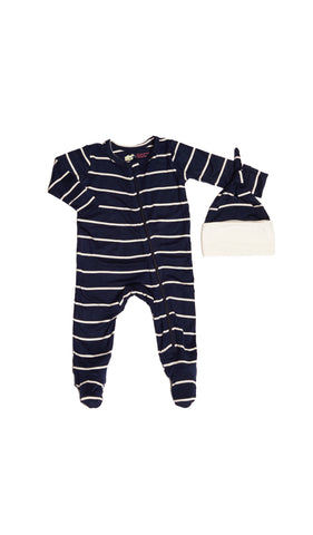 Navy Footie 2-Piece with long sleeves, zip front and matching knotted baby hat.