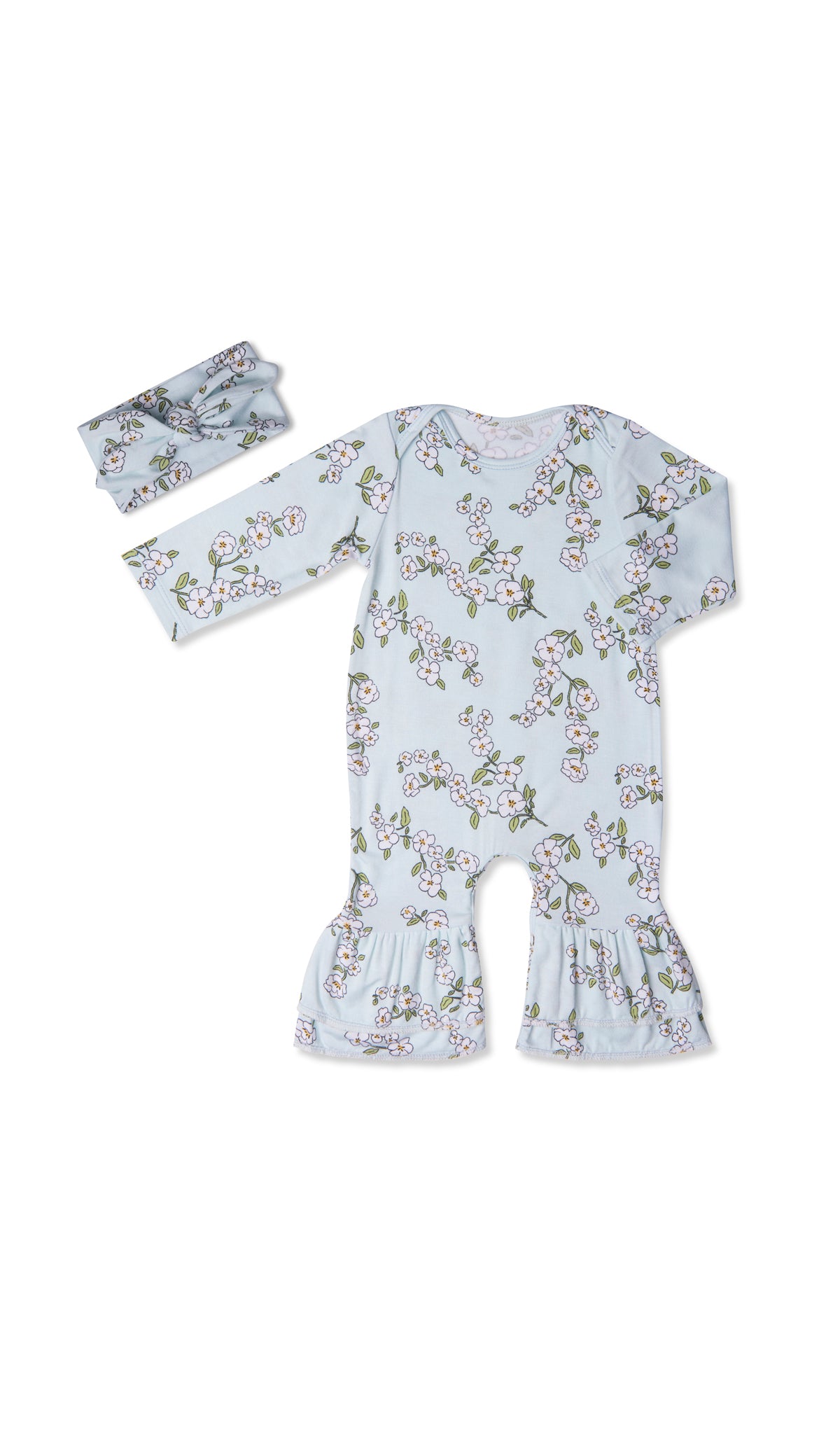 Baby's Breath Ruffle Romper 2-Piece. Flat shot of long sleeve romper with ruffles on legs and matching headwrap.