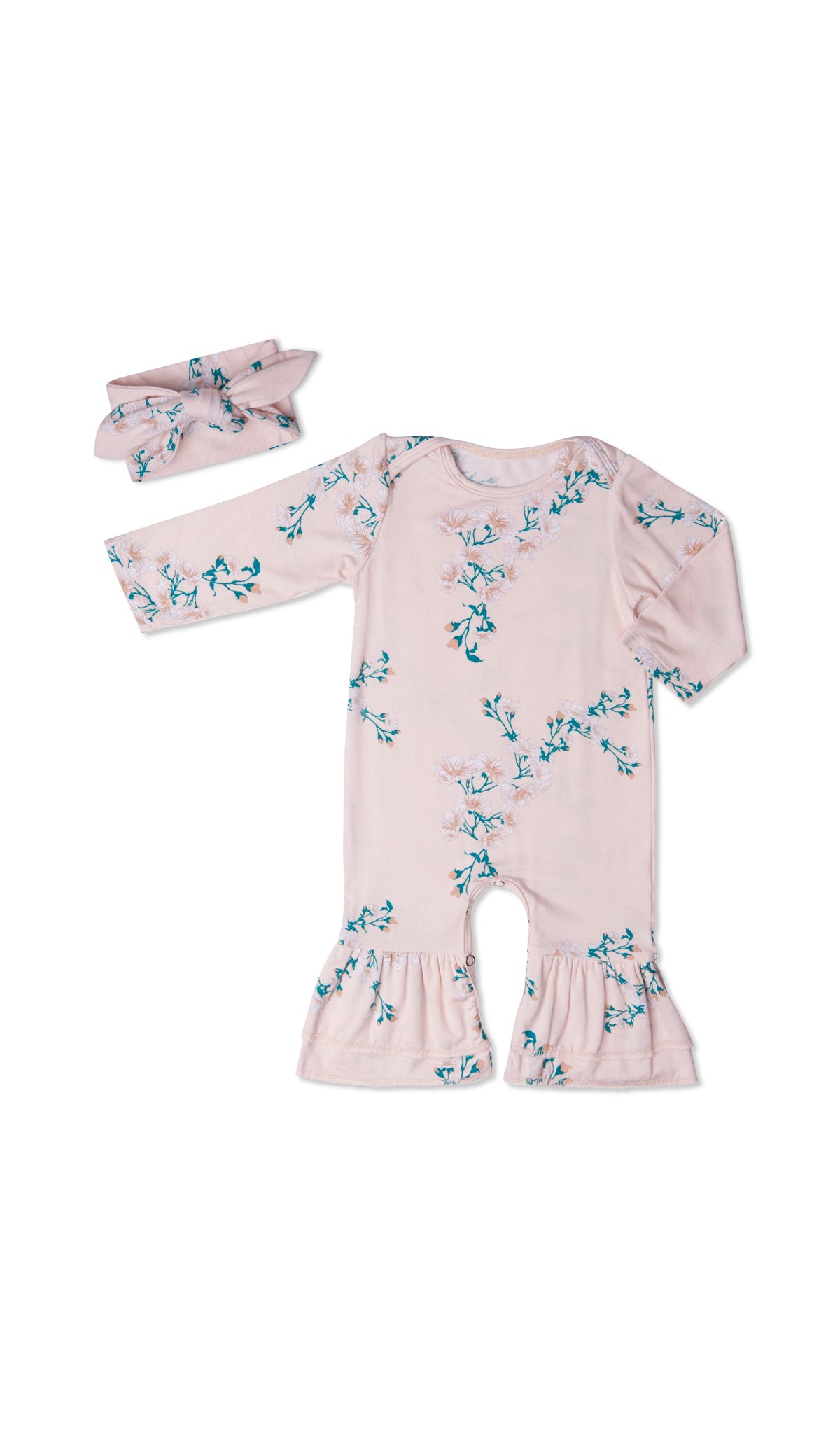 Lily Ruffle Romper 2-Piece. Flat shot of long sleeve romper with ruffles on legs and matching headwrap.