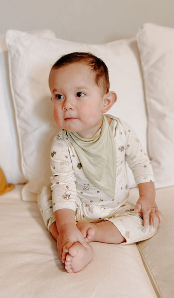 Nature Romper 2-Piece. Baby boy sitting on couch wearing long sleeve romper with matching reversible bib showing solid side.