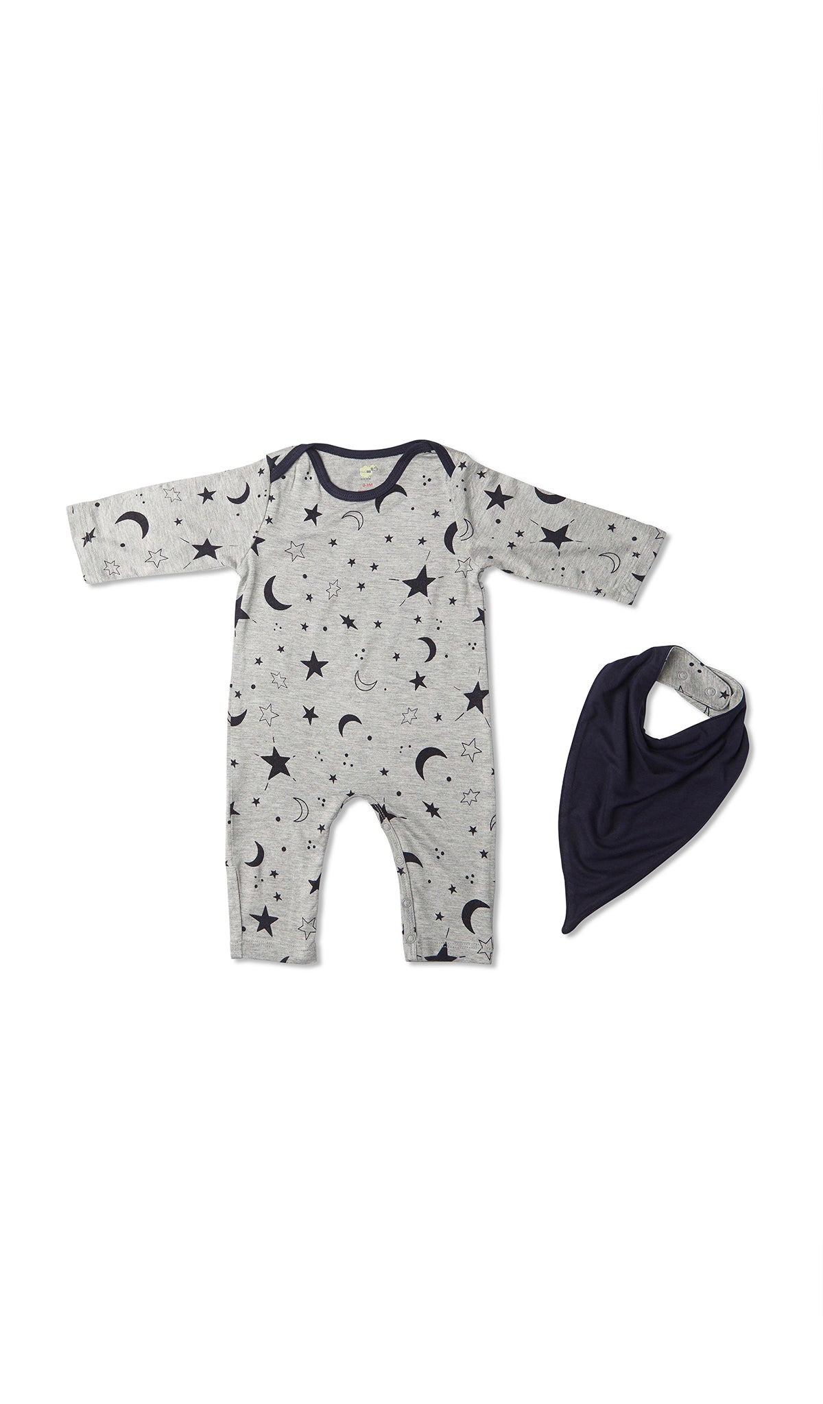 Twinkle Night Romper 2-Piece flat shot of long sleeve romper with matching reversible bib showing solid side.