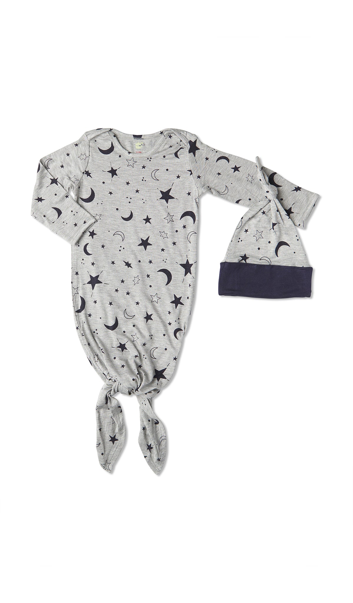 Twinkle Night Knotted Gown 2-Piece flat shot showing long sleeve baby gown with hem tied into a tie-knot bow and matching knotted hat.