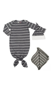 Charcoal Gown Take Me Home 3-Piece Set. Flat shot of baby gown with hem tied into a knot. Matching knotted baby hat next to gown along with folded swaddle blanket.