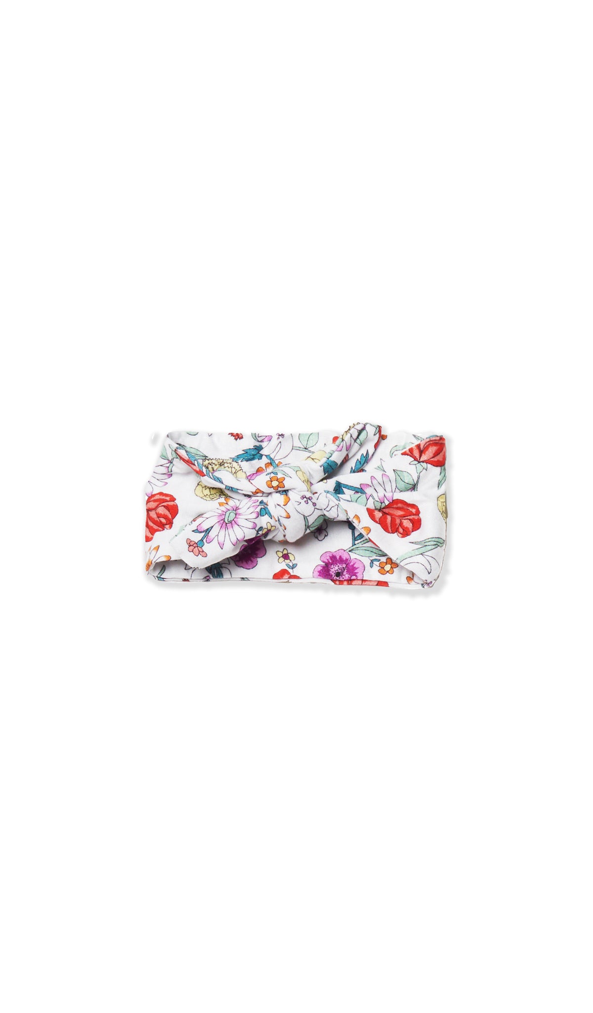 Zinnia Baby/Kids Headwrap. Flat shot with headwrap tied into a tie-knot bow.