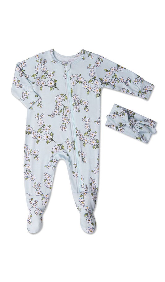 Baby's Breath Footie 2-Piece Set. Flat shot of zip front footie for baby with matching headwrap tied into a tie-knot bow.