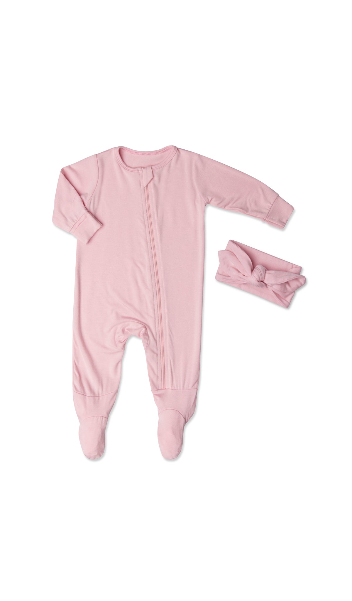Blush Footie 2-Piece Set. Flat shot of zip front footie for baby with matching headwrap tied into a tie-knot bow.