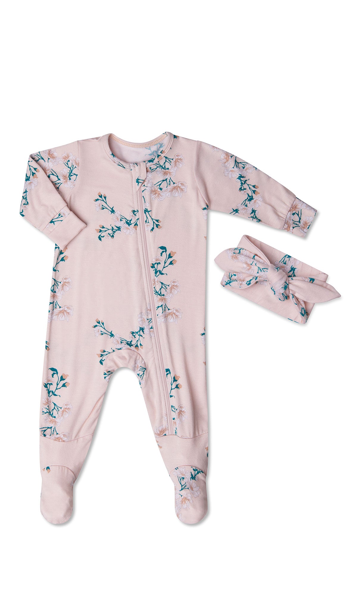 Lily Footie 2-Piece Set. Flat shot of zip front footie for baby with matching headwrap tied into a tie-knot bow.