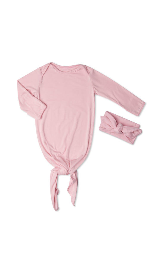 Blush Knotted Gown 2-Piece flat shot showing long sleeve baby gown with hem tied into a tie-knot bow and matching headwrap.