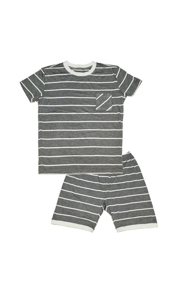 Charcoal Aydenne Baby 2-Piece Short PJ. Short sleeve top with front patch pocket.  Matching shorts with cuff trim and elastic waistband.