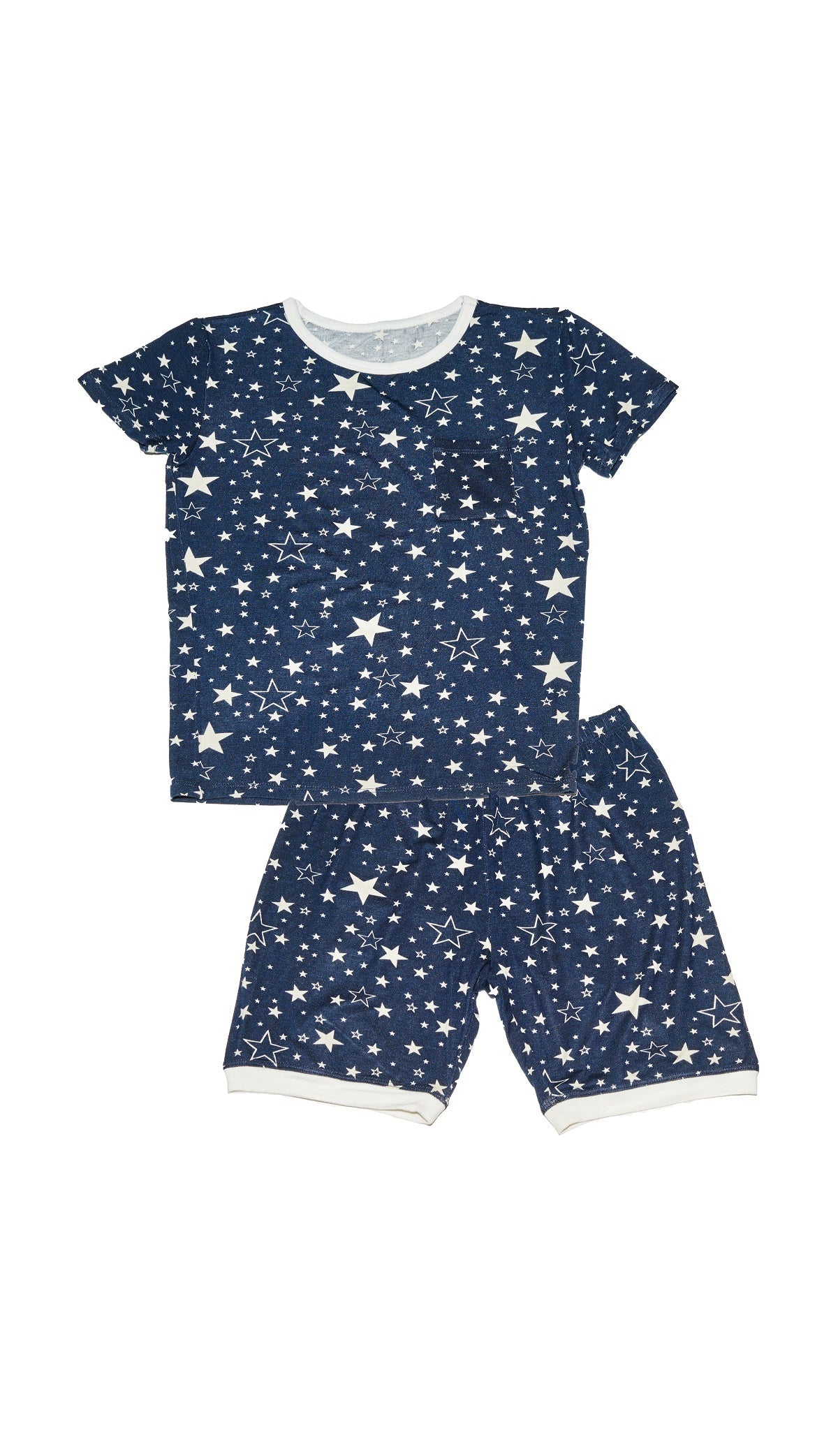 Stars Aydenne Baby 2-Piece Short PJ. Short sleeve top with front patch pocket.  Matching shorts with cuff trim and elastic waistband.