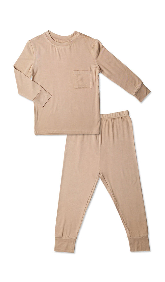 Latte Emerson Baby 2-Piece Pant PJ. Long sleeve top with cuff trim and long pant with cuff trim.